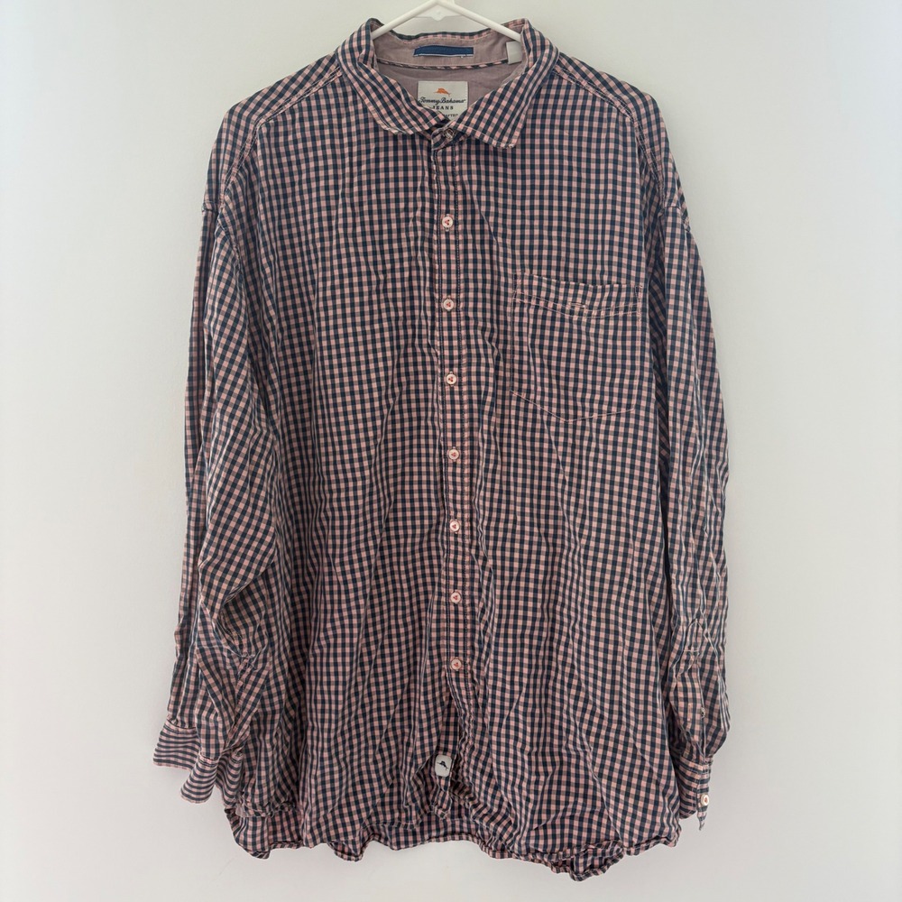 Tommy Bahama‎ Button Down Shirt Gingham Plaid Pink and Blue Long Sleeve Mens 2XB